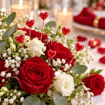 Røde dekorationsnåle med hjerter i romantisk blomsterdekoration med røde og hvide roser