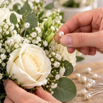 Dekorationsnåle med hvid perle 8 mm anvendt i blomsterdekoration med hvide roser