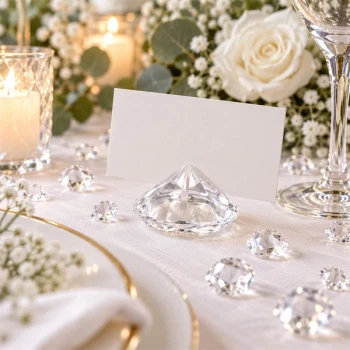 Diamant bordpynt til fest med klar bordkortholder, blomster og lys