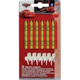 Hele pakken med 12 Disney Cars lagkagelys i rød og lysegrøn inklusiv hvide lysholdere til fødselsdagskage.