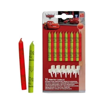 Pakke med 12 Disney Cars lagkagelys i rød og grøn med holdere og motiv af Lyn McQueen til fødselsdagskage.