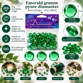 Emerald grønne pynte diamanter 12 mm, 28 g til bordpynt, vaser og festdekoration
