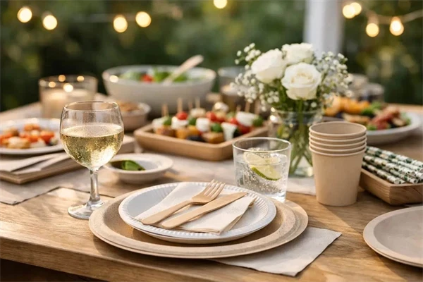Engangsservice til fest med tallerkener, bestik og glas på borddækning udendørs