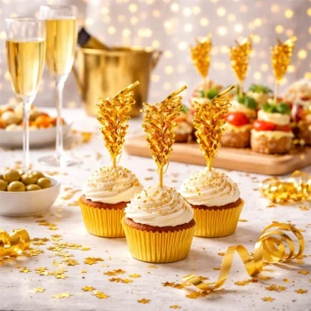 Festlige cupcakes med hvid frosting pyntet med guld folie pyntesticks på elegant dessertbord