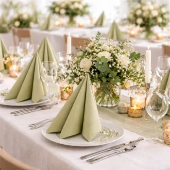 Elegant pyntet festbord med støvet grønne Airlaid servietter, hvide tallerkener, blomsterdekorationer og stearinlys.