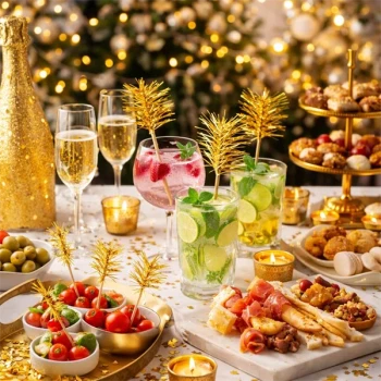 Festligt buffetbord med cocktails pyntet med guld folie drinks pyntepinde og snacks