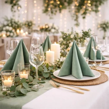 Elegant opdækket festbord med eukalyptus grønne Airlaid servietter, stearinlys, vinglas og grøn borddækning til bryllup og fest