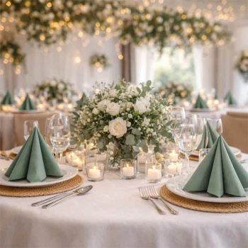 Elegant pyntet festbord med eukalyptus grønne Airlaid servietter, hvide blomster, stearinlys og dækket bord til bryllup eller fest