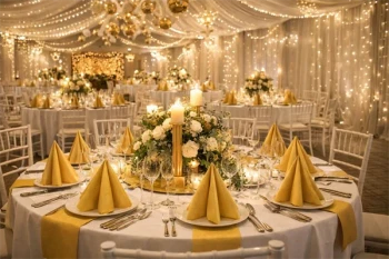 Elegant festbord med guld airlaid servietter, lys, blomster og gylden borddækning