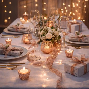 Elegant festbord dekoreret med Crispy Deluxe kobberbånd, lys og blomster