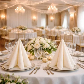 Elegant festbord med råhvide airlaid servietter foldet dekorativt, blomster, lys og opdækning til bryllup