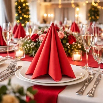 Elegant festbord med røde Sovie Linclass Airlaid servietter foldet dekorativt, omgivet af blomster og stearinlys