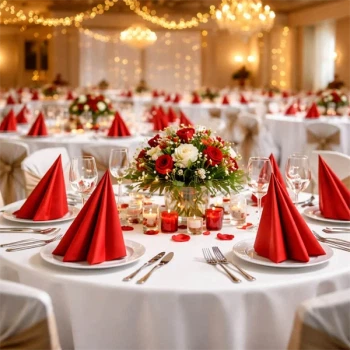 Elegant pyntet festbord med røde Sovie Linclass Airlaid servietter, blomster og stearinlys i festlokale