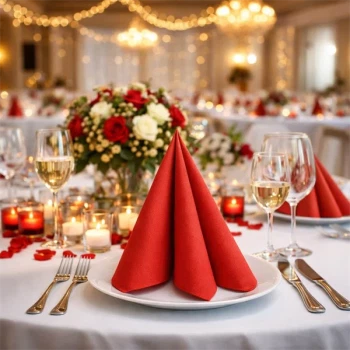 Stemningsfuldt festbord med røde Sovie Linclass Airlaid servietter, blomsterdekorationer og stearinlys