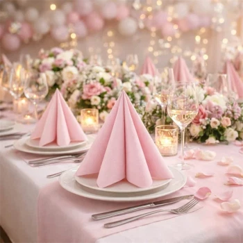 Elegant pyntet festbord med rosa Sovie Linclass Airlaid servietter foldet dekorativt, blomster og stearinlys.