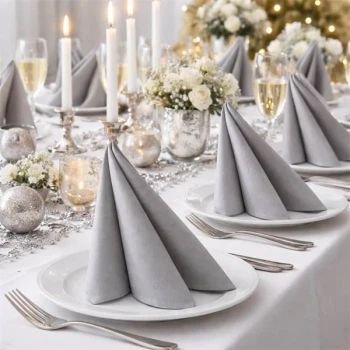 Elegant festbord med sølvfarvede Sovie Tissue servietter, hvide tallerkener, levende lys og blomsterdekoration.