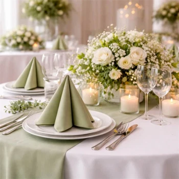 Elegant festbord med støvet grønne Airlaid servietter, hvide tallerkener, blomsterdekoration og stearinlys til stilfuld borddækning.