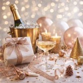 Festlig borddekoration med Crispy Deluxe kobberbånd, champagne og gaveindpakning