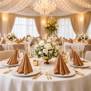 Elegant festlokale med pyntede runde borde, kobberfarvede airlaid servietter, blomsterdekorationer og stemningsfuld belysning