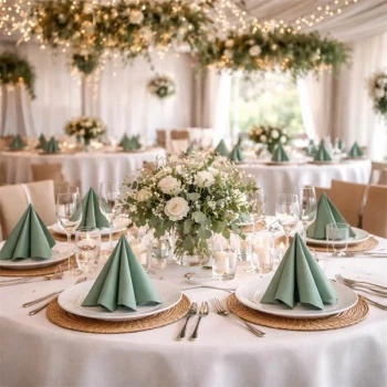 Smukt pyntet festlokale med runde borde, eukalyptus grønne Airlaid servietter, blomsterdekorationer og lys til bryllup eller fest