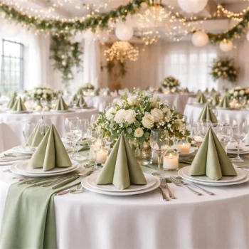 Elegant pyntet festlokale med runde borde, støvet grønne Airlaid servietter, blomsterdekorationer og varm stemningsbelysning.