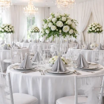 Elegant festlokale med runde borde opdækket i hvid og sølv med sølvfarvede Airlaid servietter og blomsterdekorationer