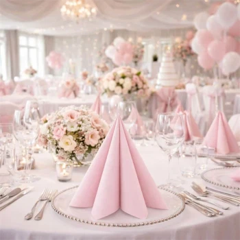 Elegant pyntet festlokale med rosa Sovie Linclass Airlaid servietter foldet dekorativt på dækkede borde.