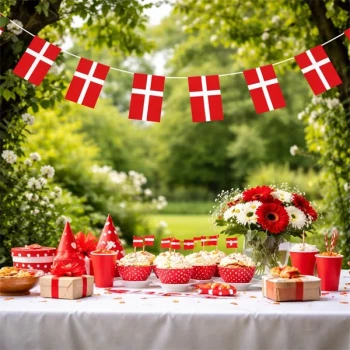 Flag guirlande med Dannebrog hængt i træer over festbord til fødselsdag i haven