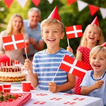 Børn til fødselsdag med Dannebrogsflag på pind – fødselsdagsflag til fest, bordpynt og dansk fejring