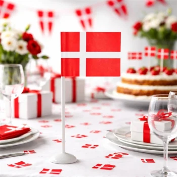 Fødselsdagsflag til bord med Dannebrog på festbord med kage, gaver og bordpynt til fødselsdag