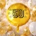 Guld folie ballon med 50 år omgivet af festballoner og guld dekorationer