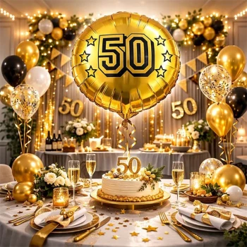 Guld folie ballon med 50 år i pyntet festlokale med borddækning og jubilæumsdekoration