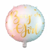 Rund folieballon Boy or Girl i pastel pink og blå med guldtekst, 35 cm, til gender reveal og babyshower