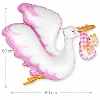 Folieballon med stork der bærer baby pige, 60 cm babyshower ballon i lyserød