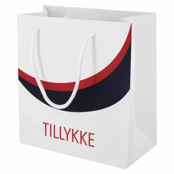 Rød student gavepose med teksten Tillykke i størrelsen 22,5 x 18 x 10,5 cm på hvid baggrund