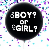 Sort gender reveal ballon med teksten “Boy or Girl?” og lyseblå konfetti til kønsafsløring