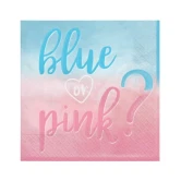 Gender reveal servietter med teksten “Blue or Pink?” i blå og pink farver – 2-lags papirservietter 30x30 cm til baby shower