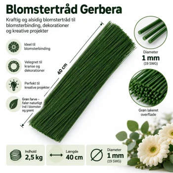 Gerberatråd 1 mm x 40 cm grøn blomstertråd 2,5 kg