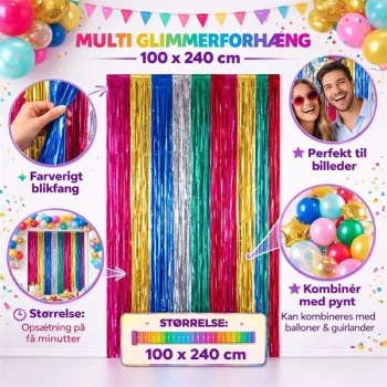 Infografik af multi glimmerforhæng 100x240 cm med farverigt folie dørgardin til fest, photo booth og dekoration