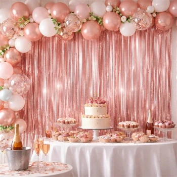 Glimmerforhæng rosa guld som fest baggrund med balloner og kagebord perfekt til fødselsdag og bryllup