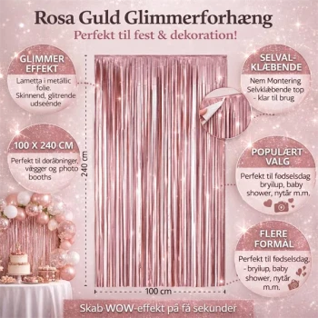 Infografik glimmerforhæng rosa guld 100x240 cm lametta fest baggrund med mål og funktioner