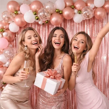 Glimmerforhæng rosa guld som photo booth baggrund med balloner og fest perfekt til fødselsdag og bryllup