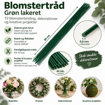 Grøn blomstertråd 0,8 mm x 30 cm – 40 stk. lakeret ståltråd