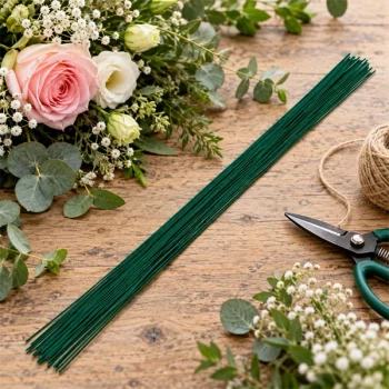 Grøn blomstertråd til binderi med blomster, eucalyptus og blomstersaks