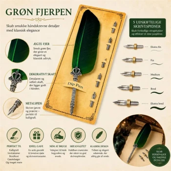 Grøn fjerpen kalligrafisæt med 5 udskiftelige skrivespidser, dekorativt metalskaft og klassisk skrivefjer til kalligrafi og håndskrevne invitationer.