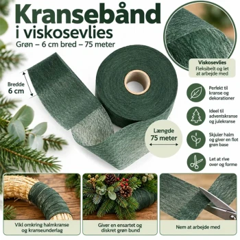 Grønt kransebånd i viskosevlies 6 cm x 75 m til halmkranse og dekoration