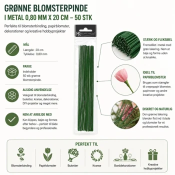 Grønne blomsterpinde i metal 0,80 mm x 20 cm 50 stk til blomsterbinding papirblomster og kreative hobbyprojekter