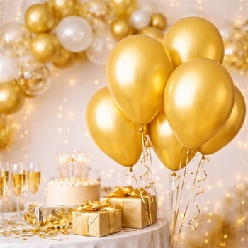 Guld metal balloner med helium til fest dekoration med kage og gavebord
