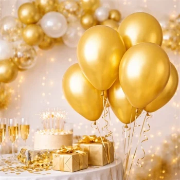 Guld metal balloner med helium til fest dekoration med kage og gavebord