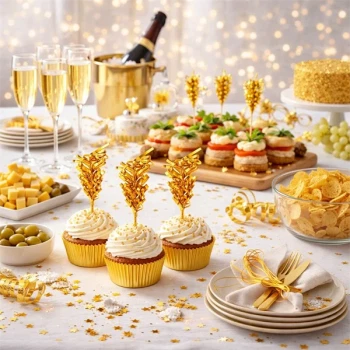 Festlig buffet med cupcakes og tapas pyntet med guld folie pyntesticks samt champagne og guldbordpynt